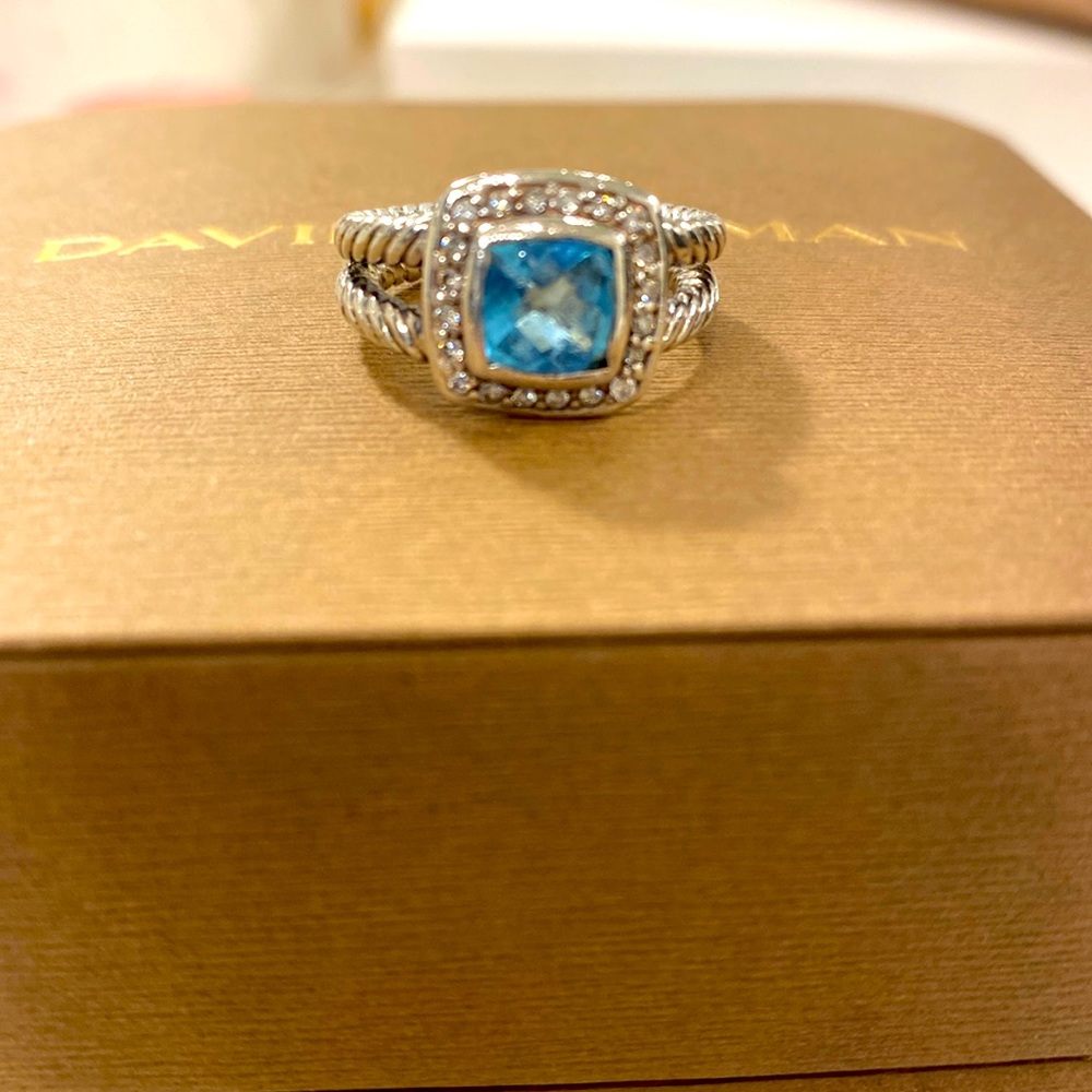 David Yurman Petite Albion® Diamond Halo Cushion Ring- Blue Topaz